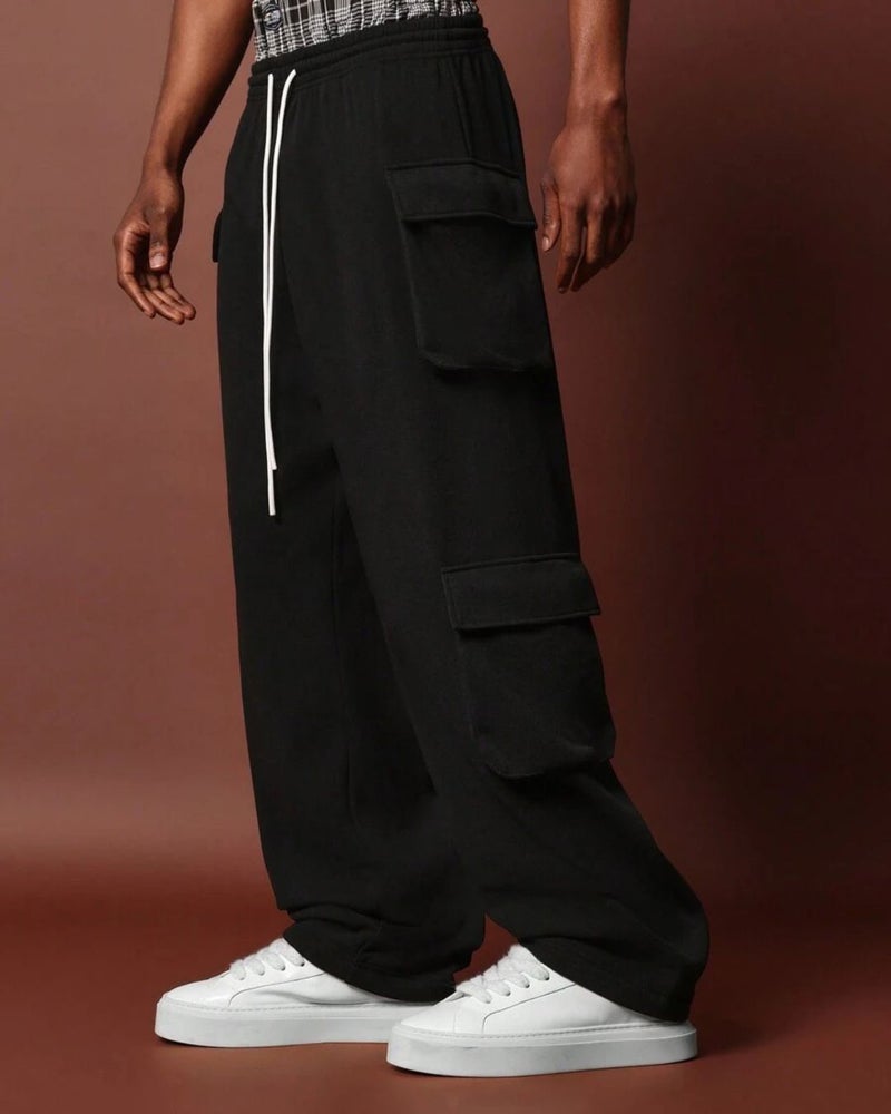 FLYNOFF Multi Pocket Black Solid Loose Fit Cargo - Image 3